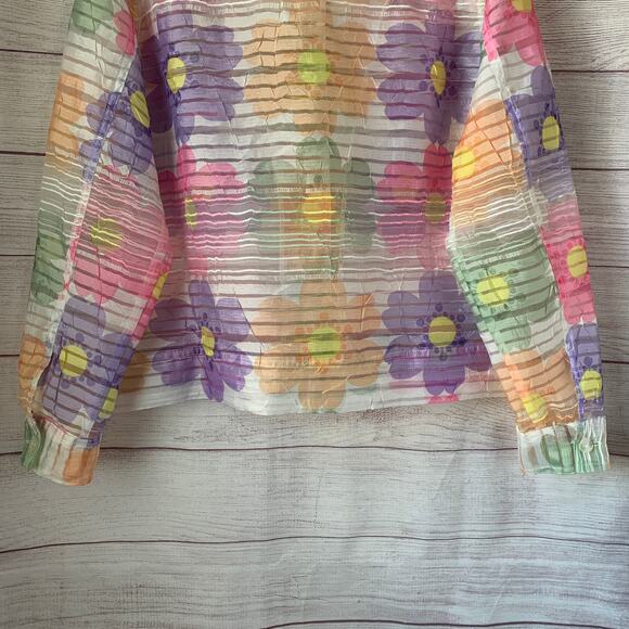 Erin London Pastel Floral Sheer Textured Button Down Jacket Spring Shirt Size L - Picture 8 of 16